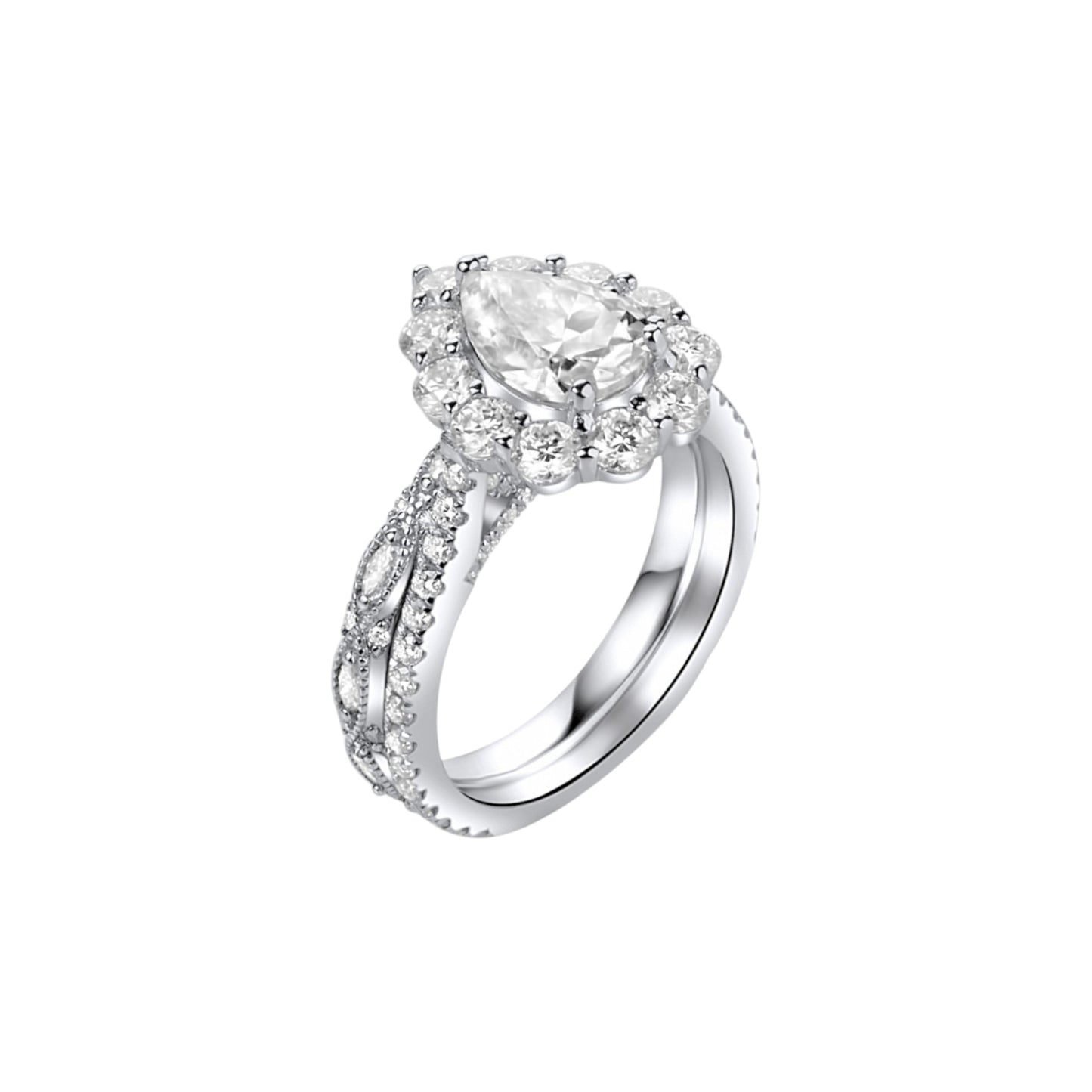 Silver ring with a large central gemstone on a white background