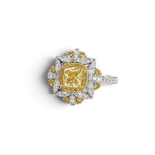 Marigold Cushion Cut Natural Yellow Diamond Engagement Ring in 18K Gold