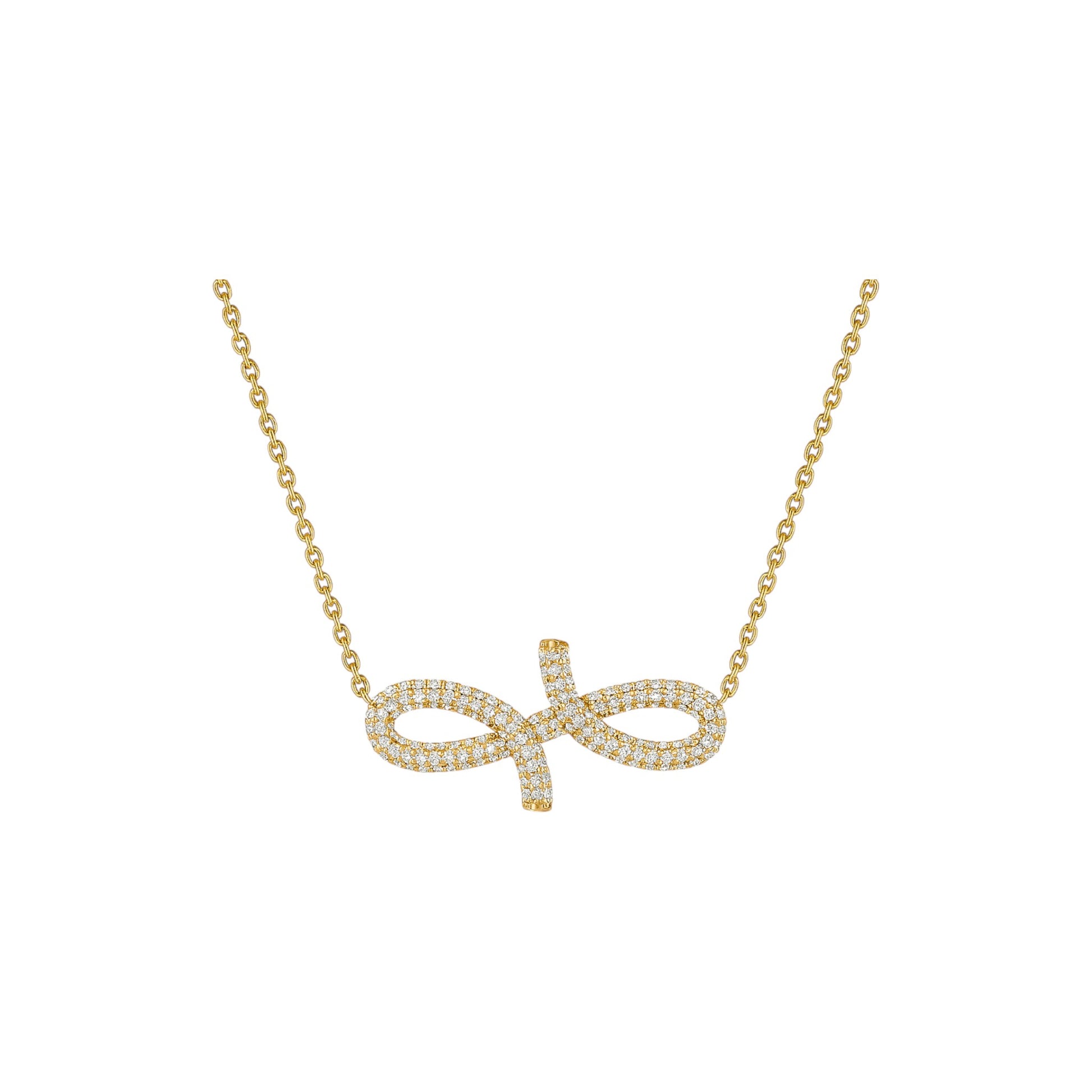 Gold bow-shaped pendant necklace on a white background