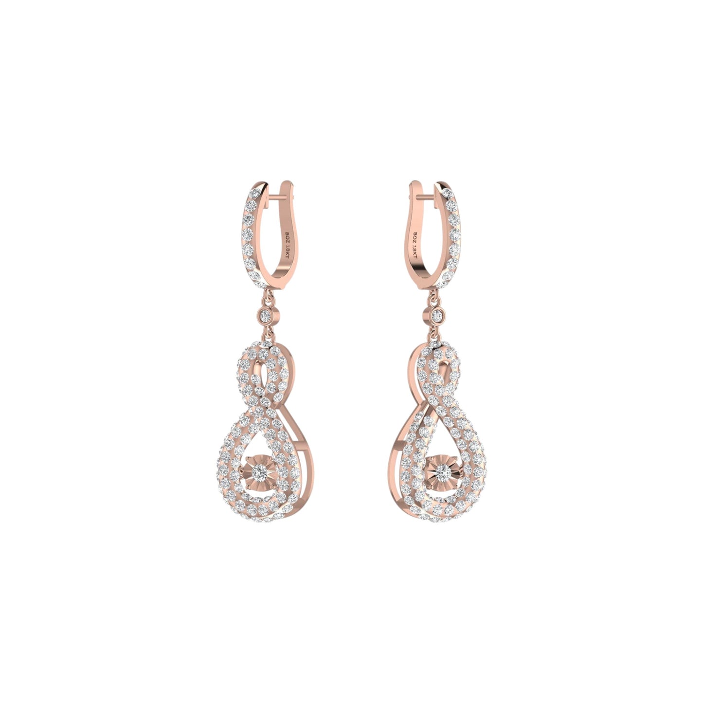 Rose gold earrings with diamond accents on a white background