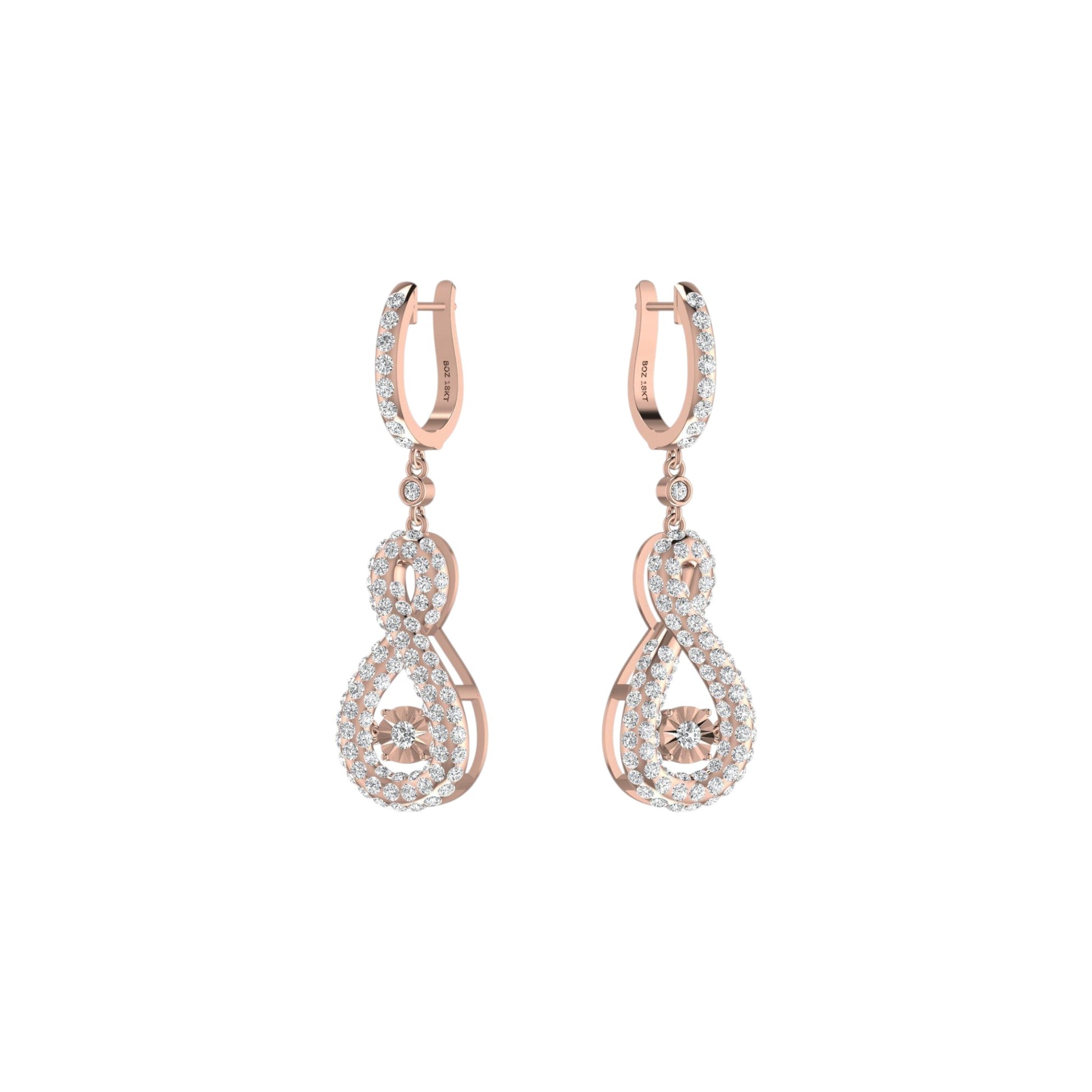 Rose gold earrings with diamond accents on a white background