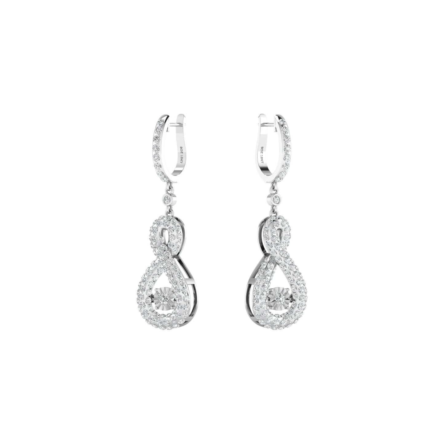 Pair of silver hoop earrings with diamond accents on a white background