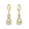 A pair of 18 karat gold-colored hoop earrings with twinkle-style pave inlays and infinity drop designs, adorned with natural diamonds.