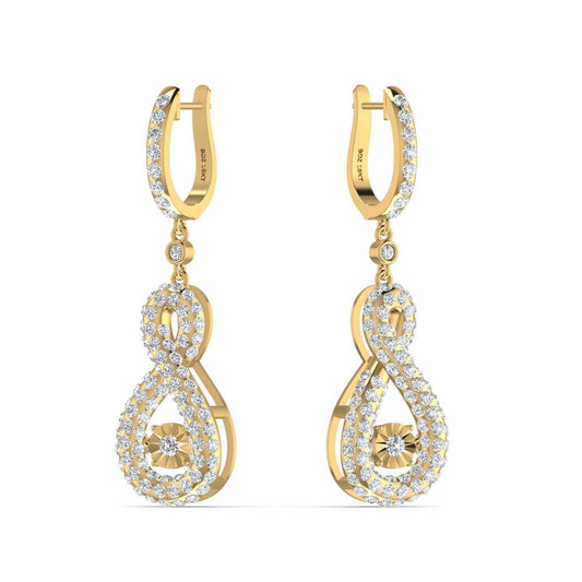 A pair of 18 karat gold-colored hoop earrings with twinkle-style pave inlays and infinity drop designs, adorned with natural diamonds.