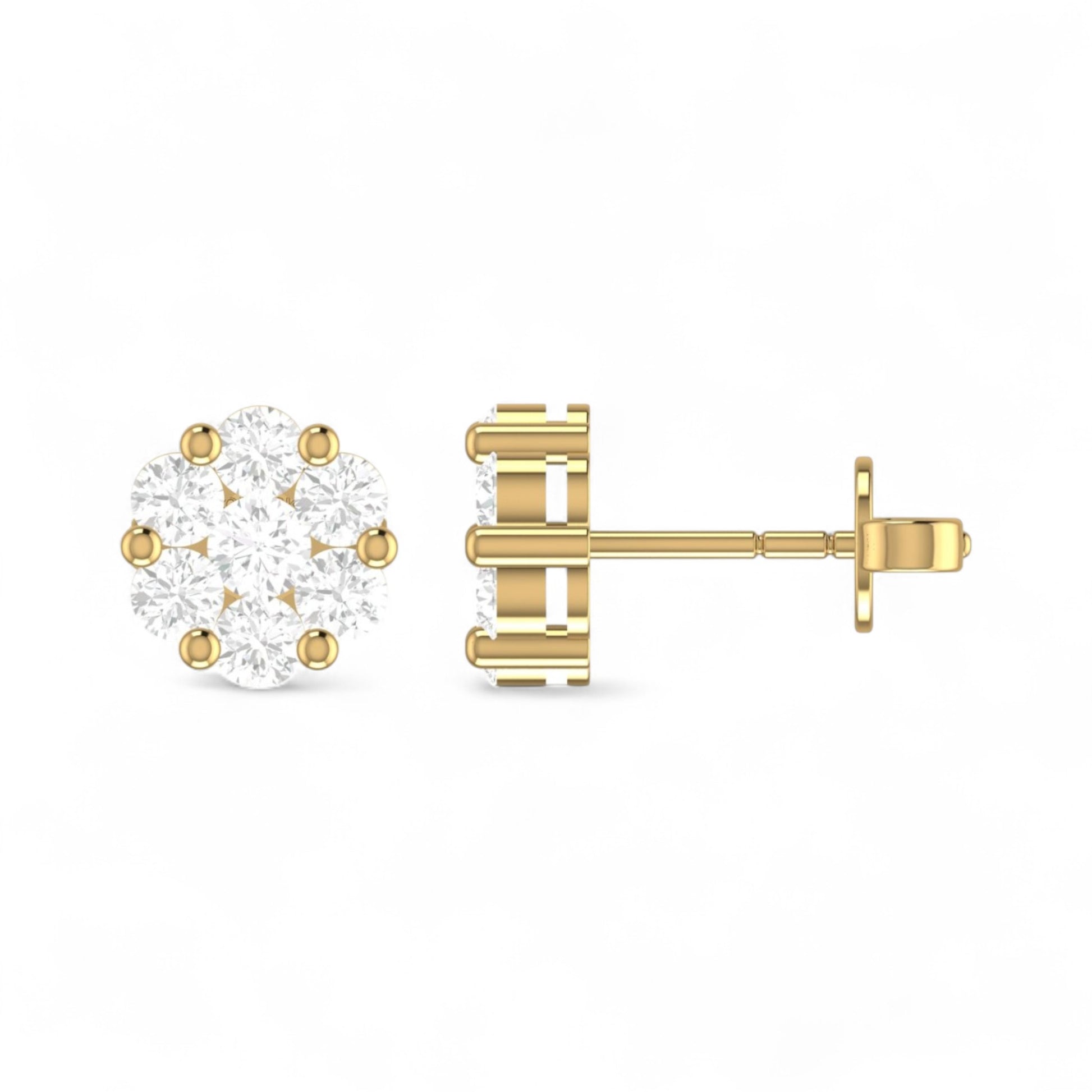 Gold stud earrings with clear gemstones on a white background