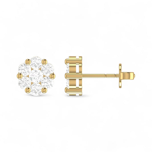 Gold stud earrings with clear gemstones on a white background