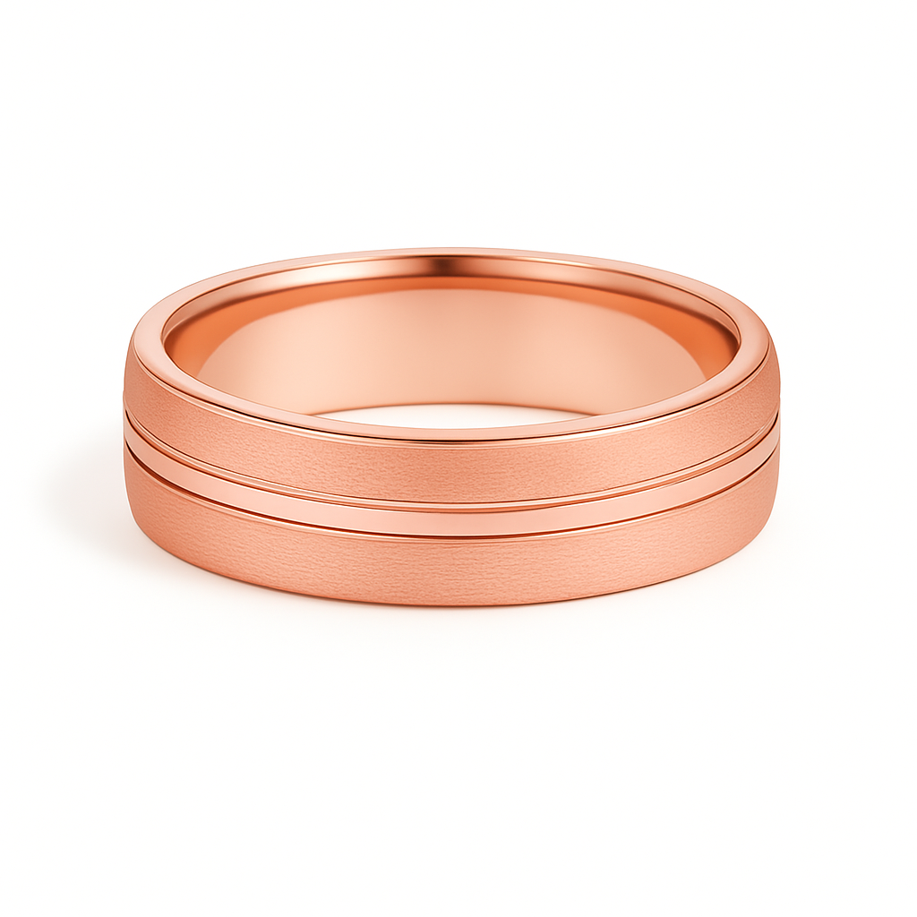 Rose gold ring with two concentric bands on a white background