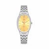 Watch with gold face and silver metal strap on white background