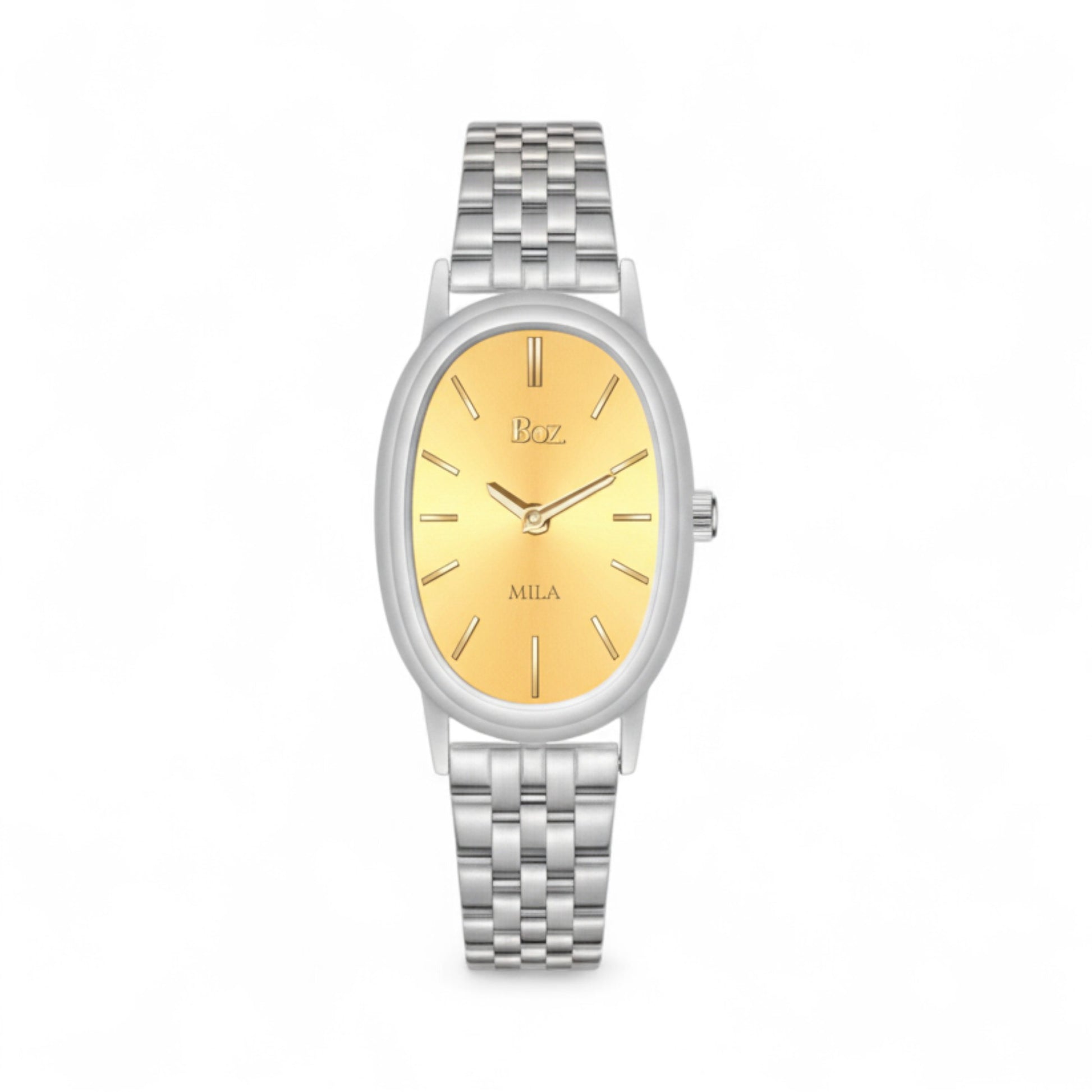 Watch with gold face and silver metal strap on white background