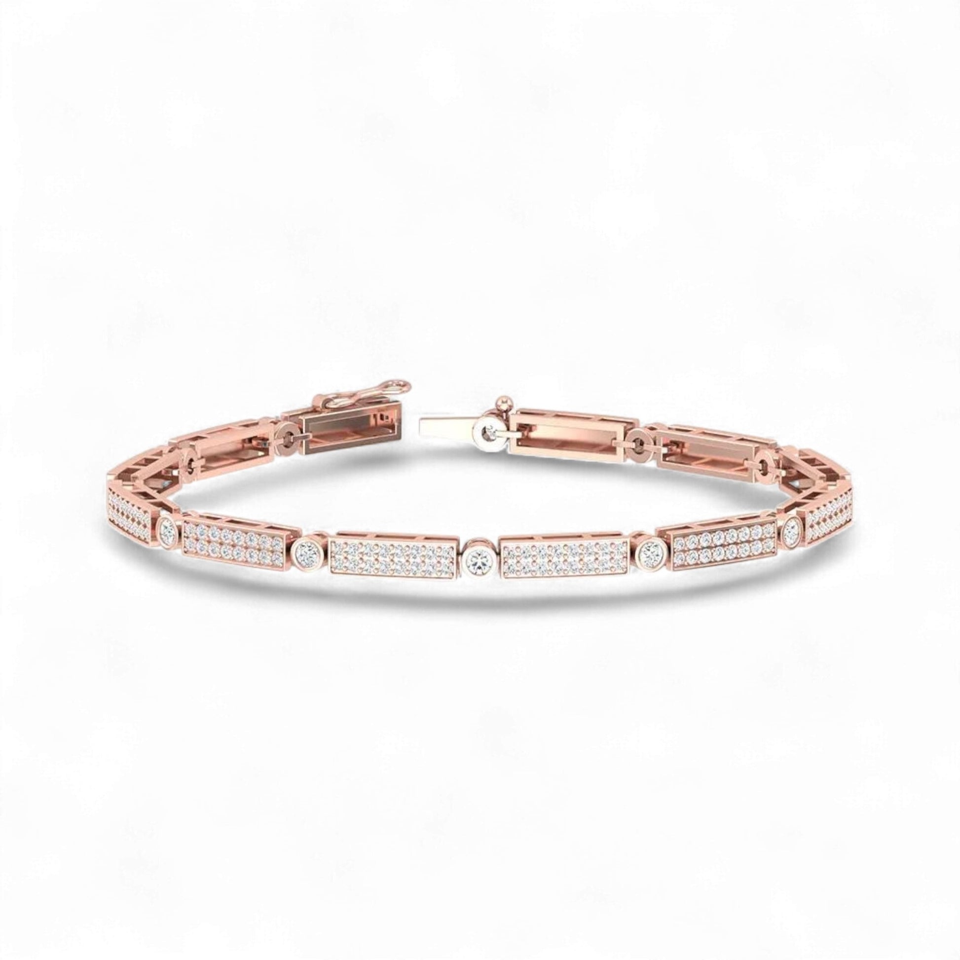 Rose gold bracelet with diamonds on a white background