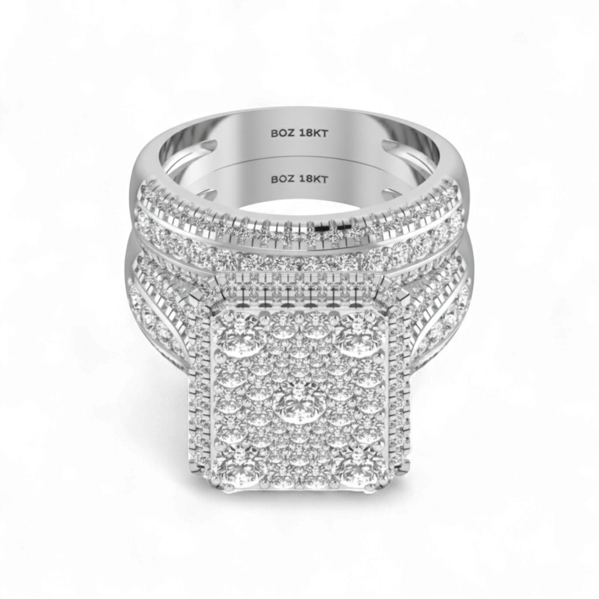 Silver ring with diamond accents on a white background