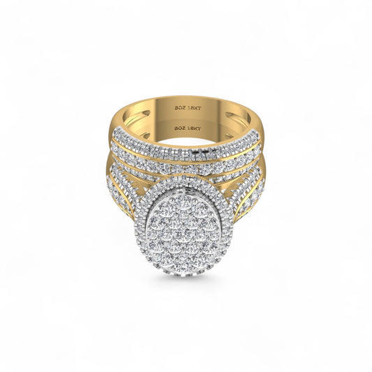 Gold and silver ring with diamond accents on a white background
