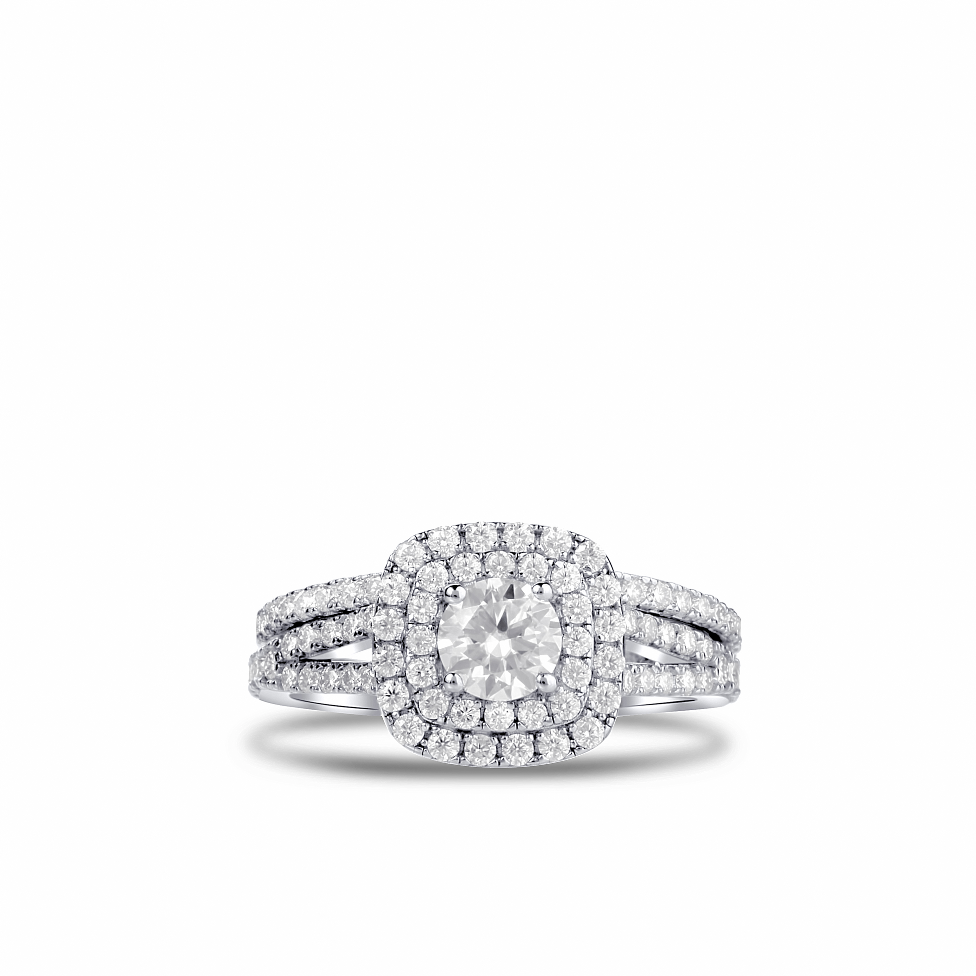 Diamond ring with a halo design on a white background