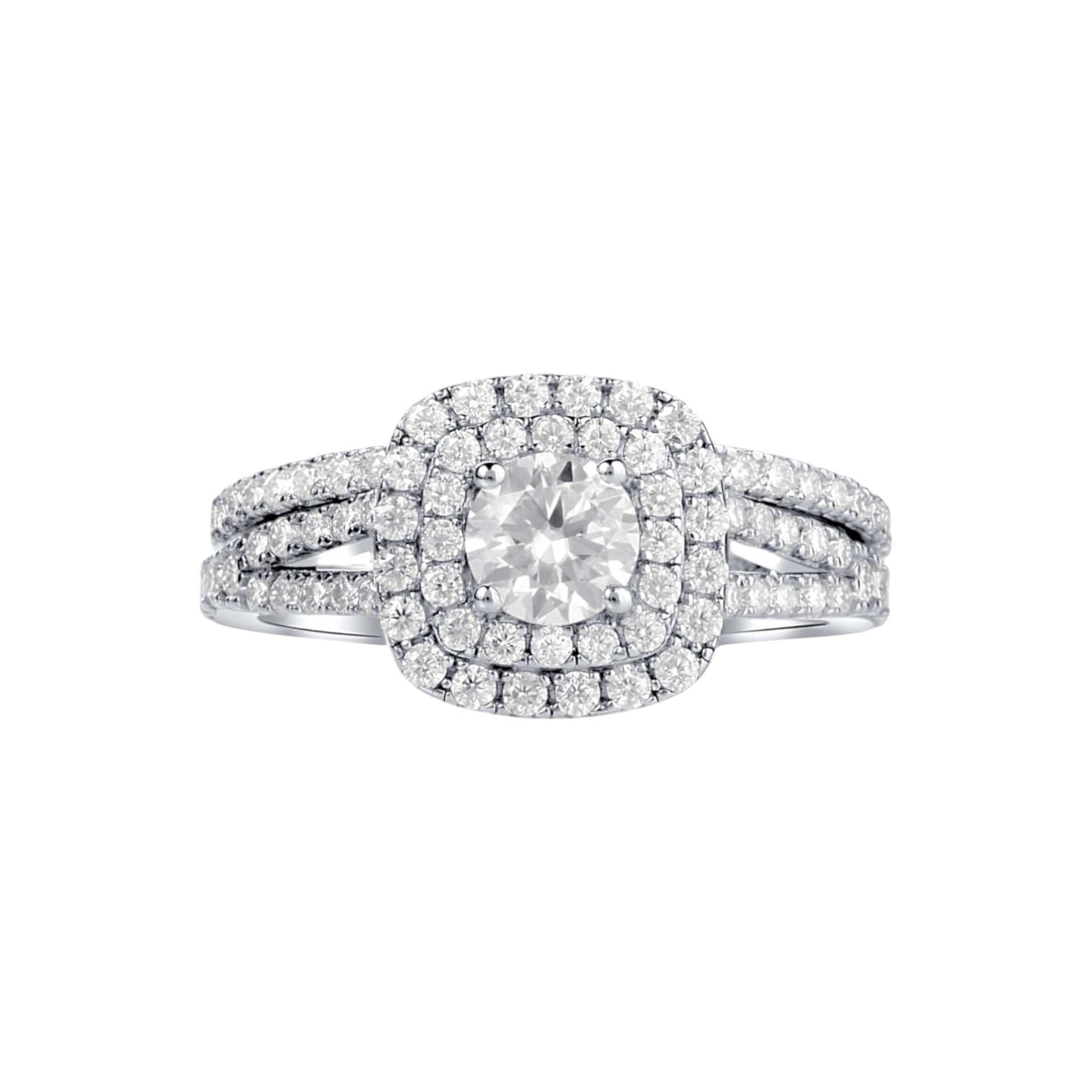 Audre Cushion Cut Moissanite Bridal Set in 925 sterling silver with cushion-cut moissanite and sparkling accent stones