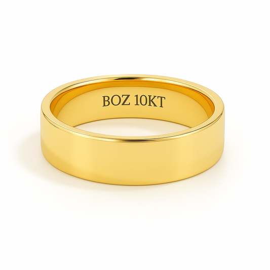 Gold ring with 'BOZ 10KT' engraving on a white background