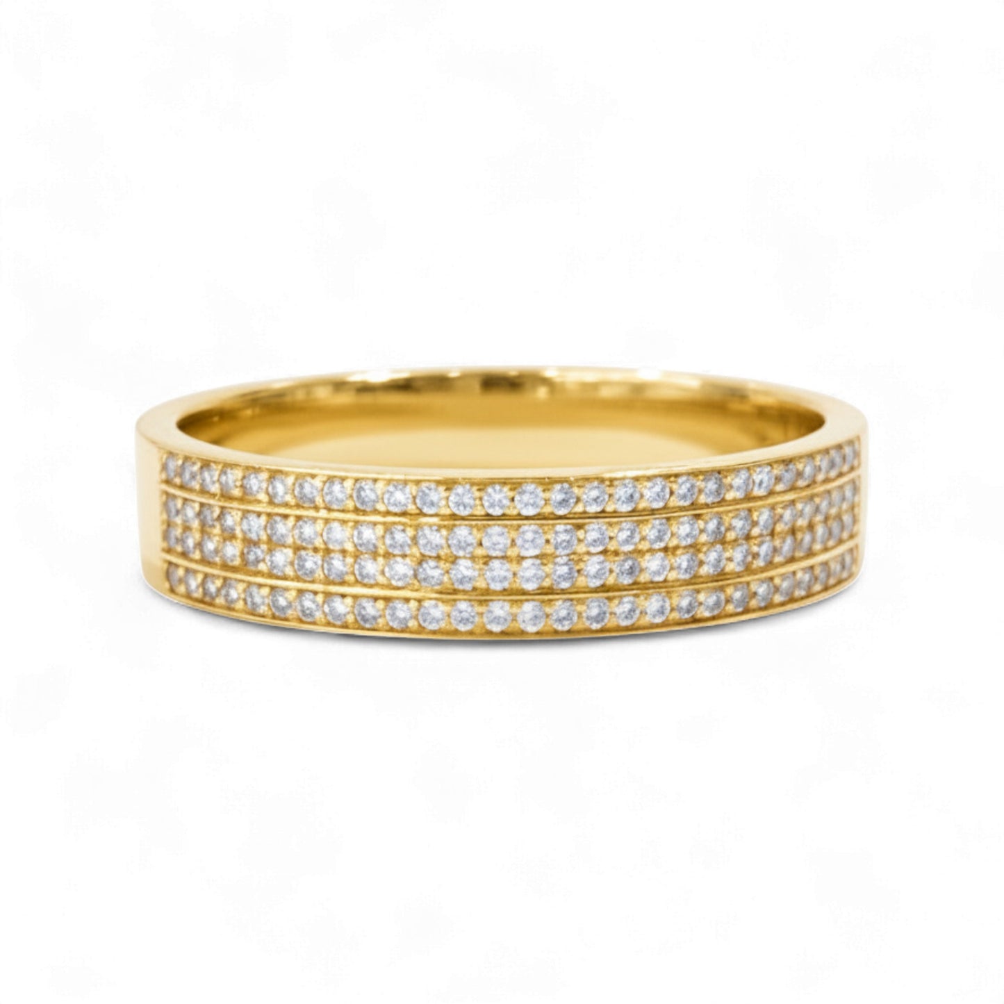 Gold ring with multiple rows of diamonds on a white background