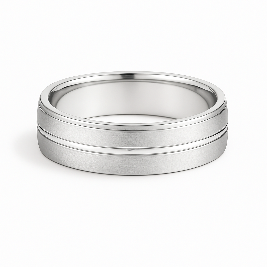 Silver ring with a textured design on a white background