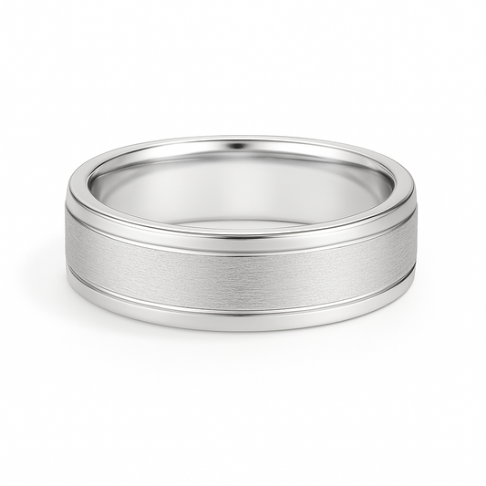 Silver ring with a brushed finish on a white background