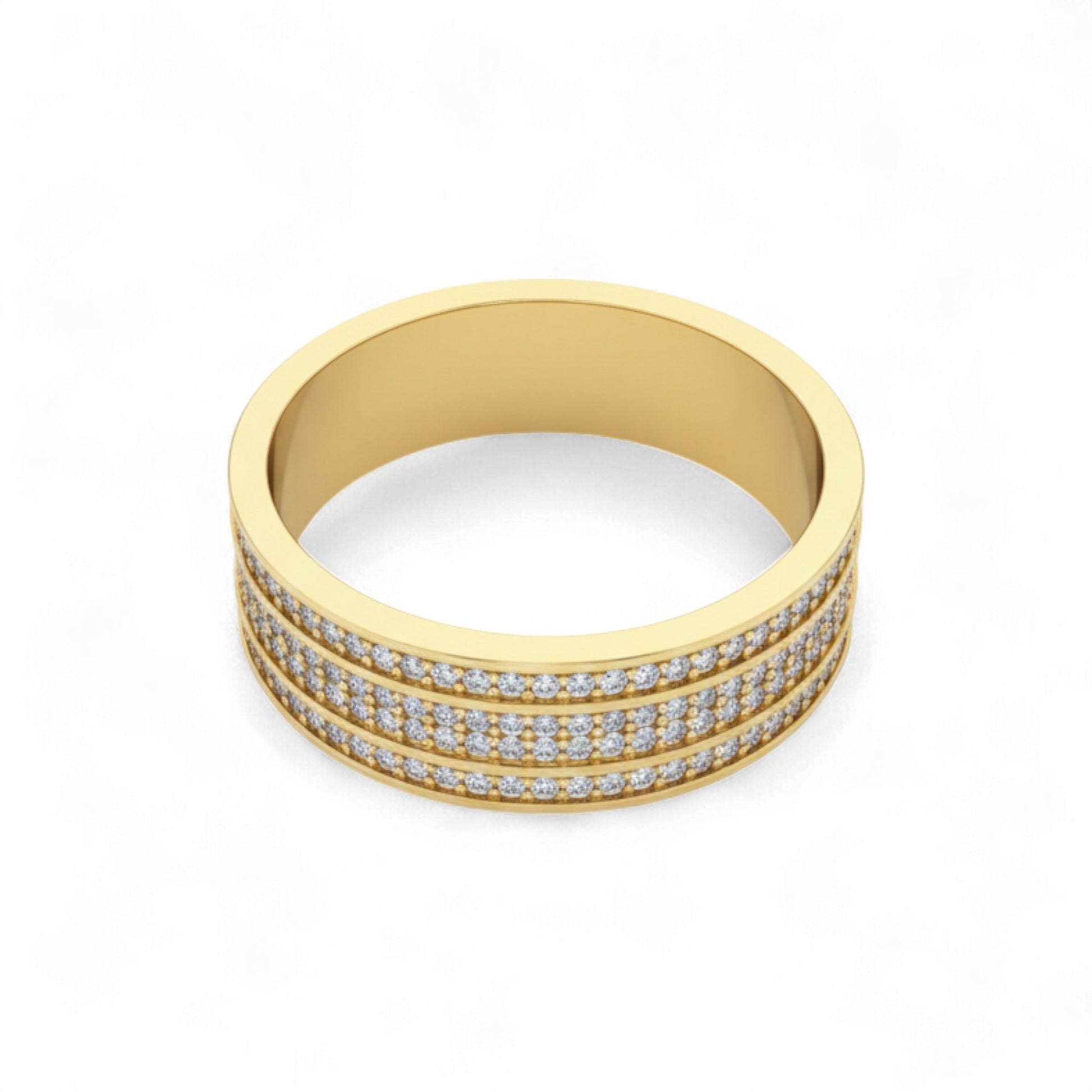Gold ring with embedded diamonds on a white background