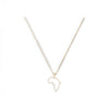 Gold necklace with a pendant shaped like the African continent on a white background
