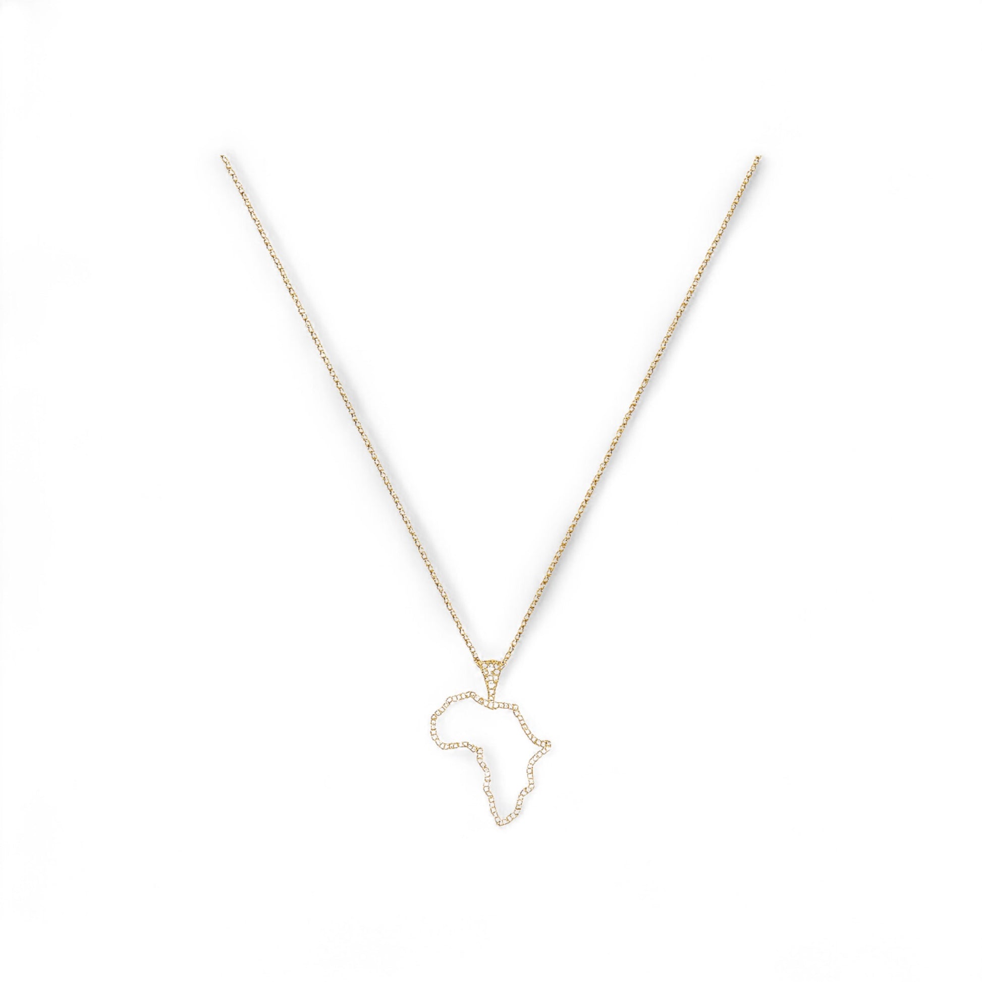 Gold necklace with a pendant shaped like the African continent on a white background