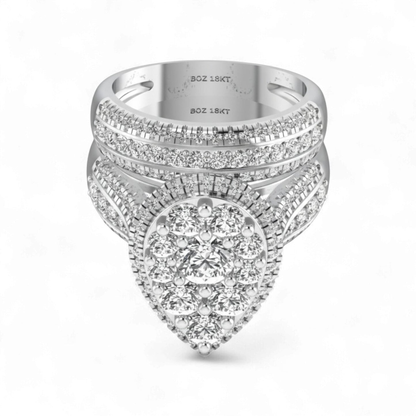 Silver ring with diamond accents on a white background