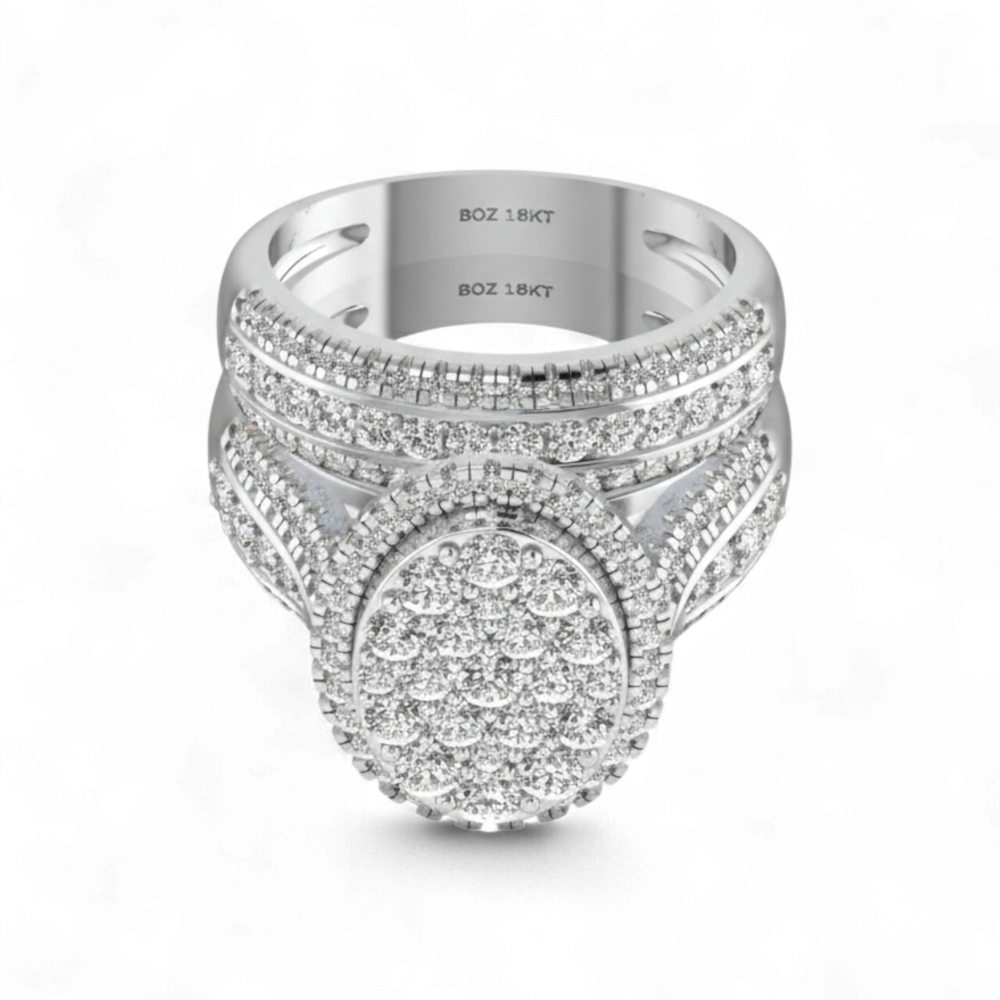 Silver ring with diamond accents on a white background