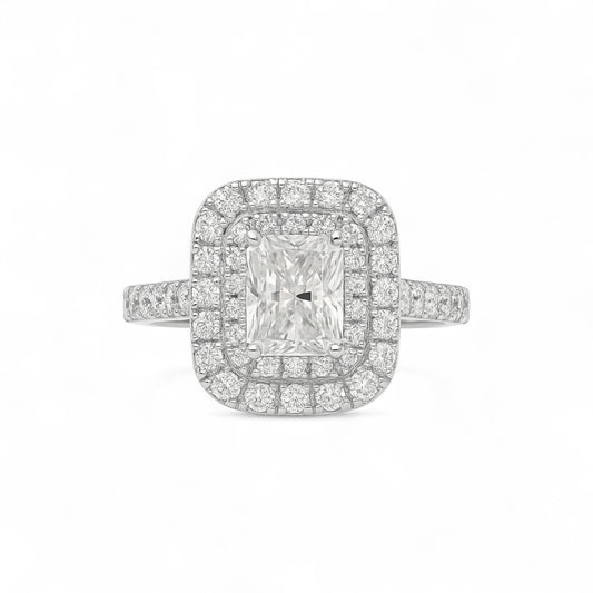 Classic Double Halo Moissanite Engagement Ring in 18K Gold