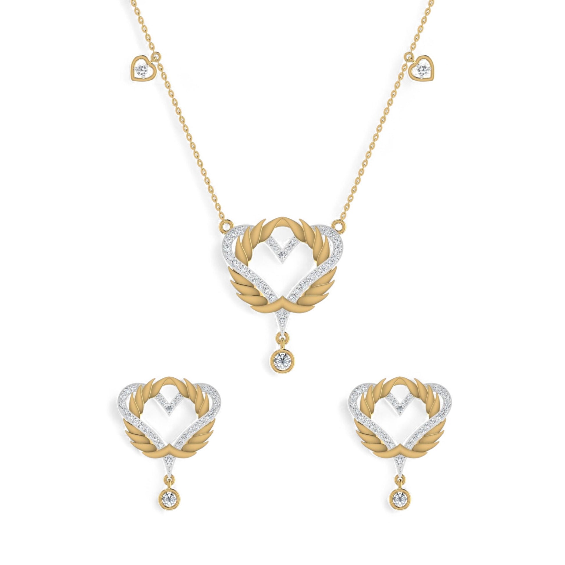 Gold and silver heart-shaped necklace and earrings on a white background