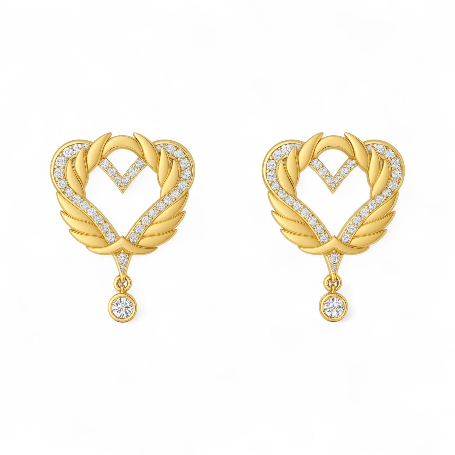 Gold heart-shaped earrings with diamond accents on a white background