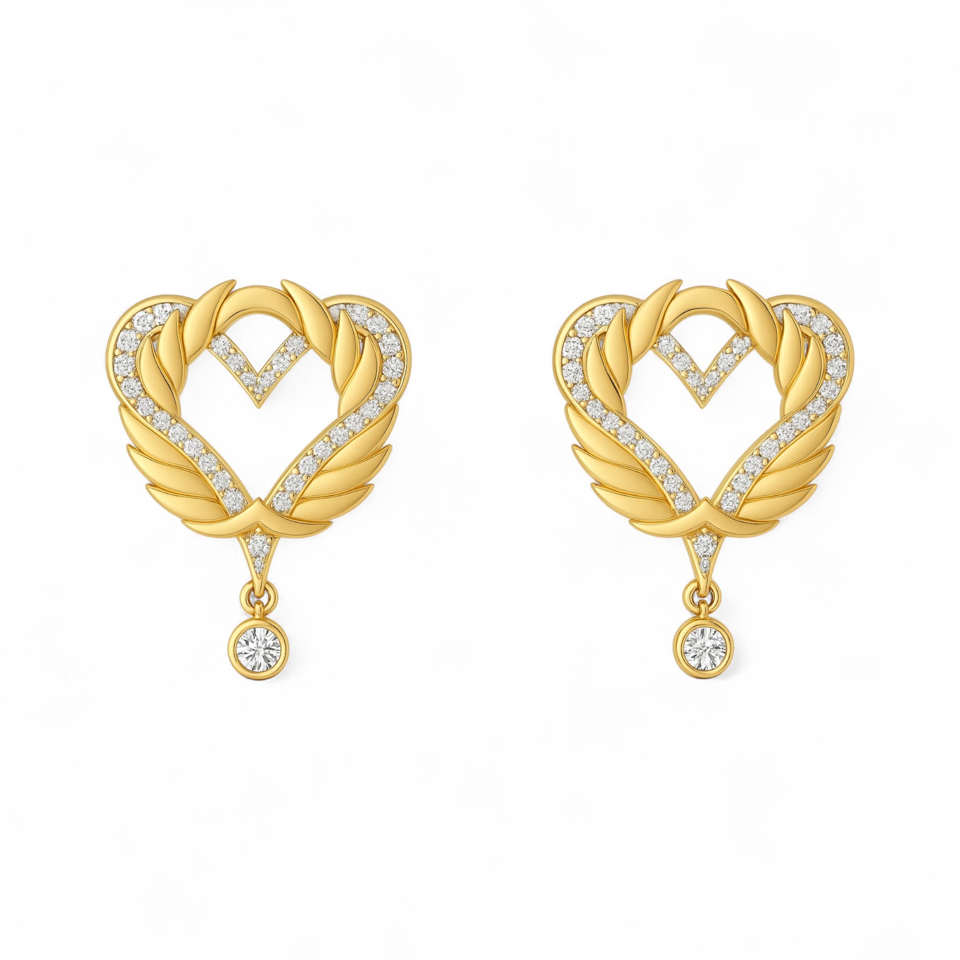 Gold heart-shaped earrings with diamond accents on a white background