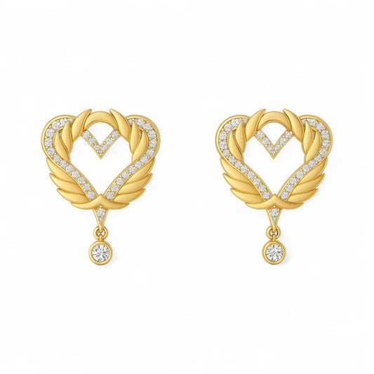 Gold heart-shaped earrings with diamond accents on a white background
