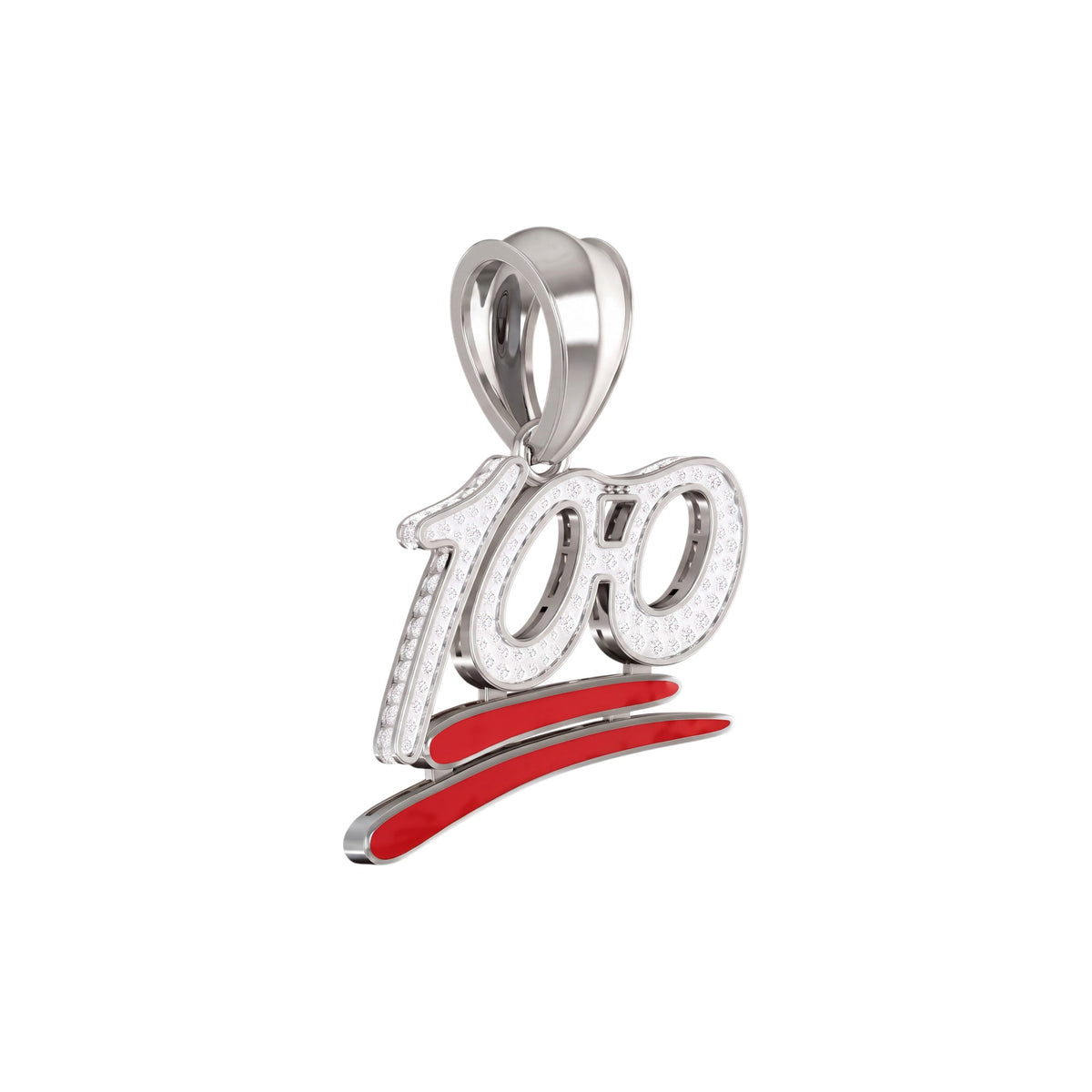 A silver-toned 100th birthday charm pendant featuring a silver '100' script with clear pavé stones and a red enamel swoosh underneath, shown on a plain white background.
