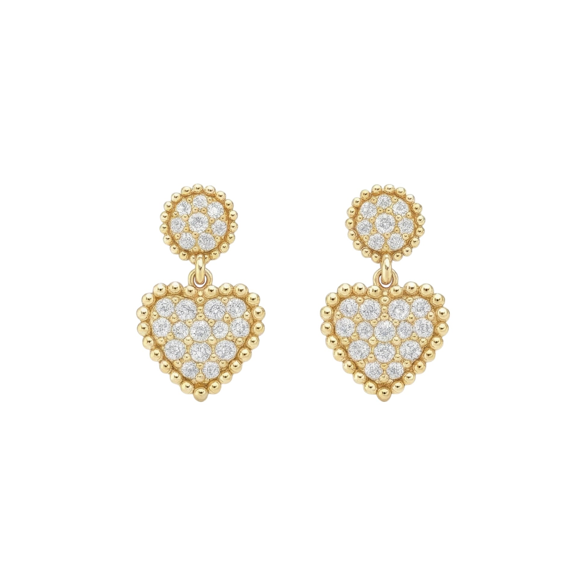 Gold heart-shaped earrings with diamond accents on a white background