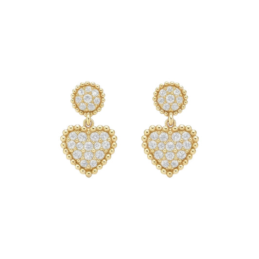 Gold heart-shaped earrings with diamond accents on a white background