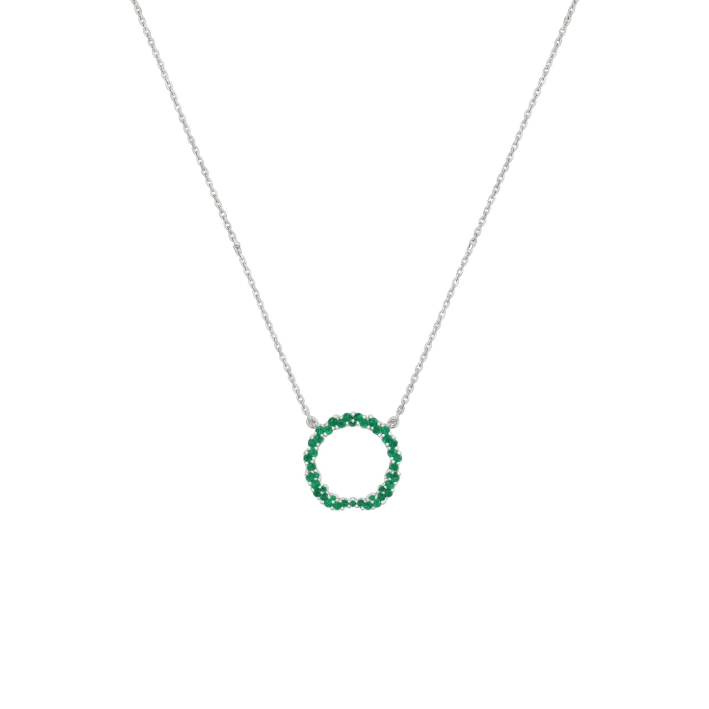 Necklace with a green circular pendant on a white background