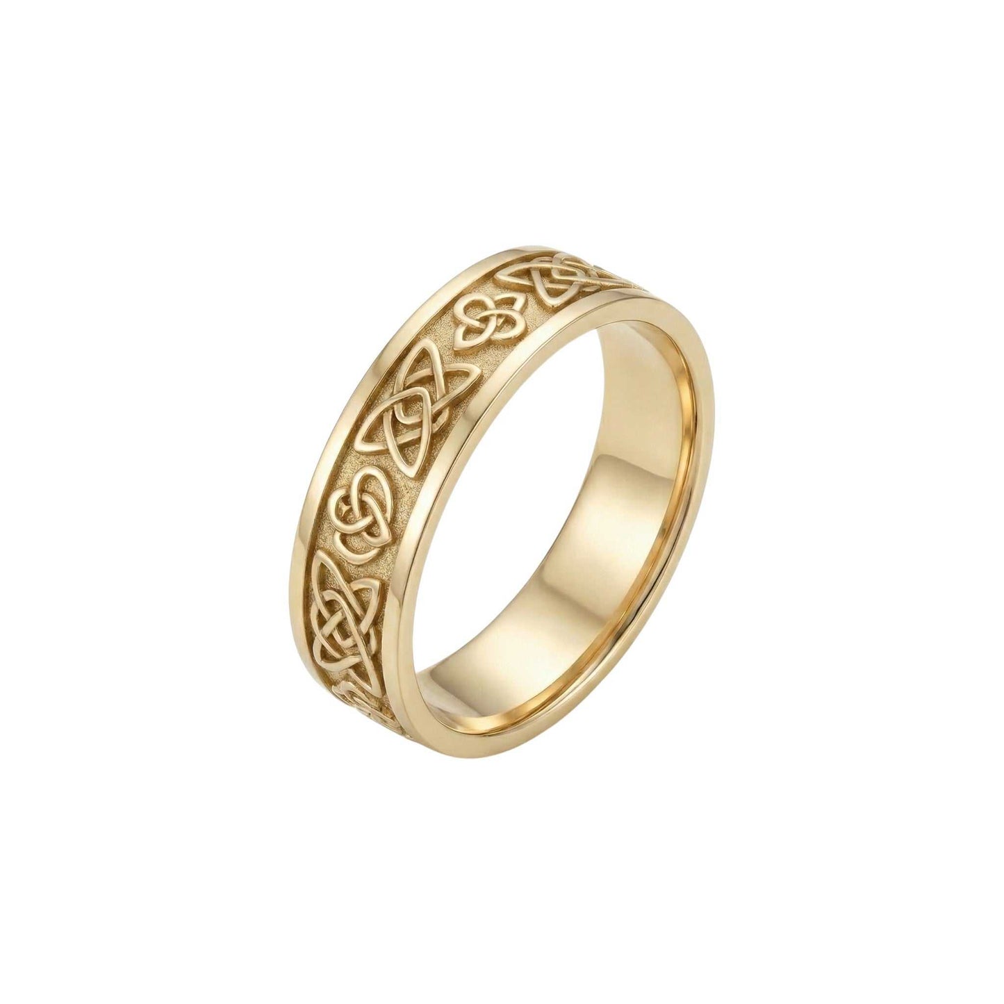 Gold ring with intricate Celtic knot design on a white background
