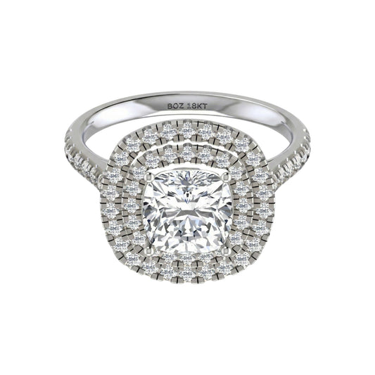 Diamond ring with a double halo on a white background