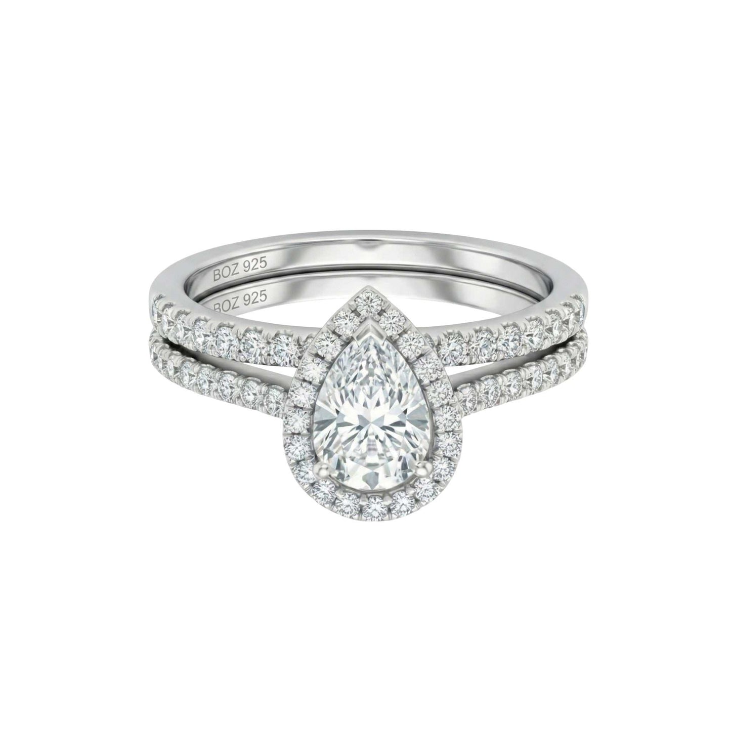Classic pear cut moissanite bridal ring set in 925 sterling silver with pavé accents