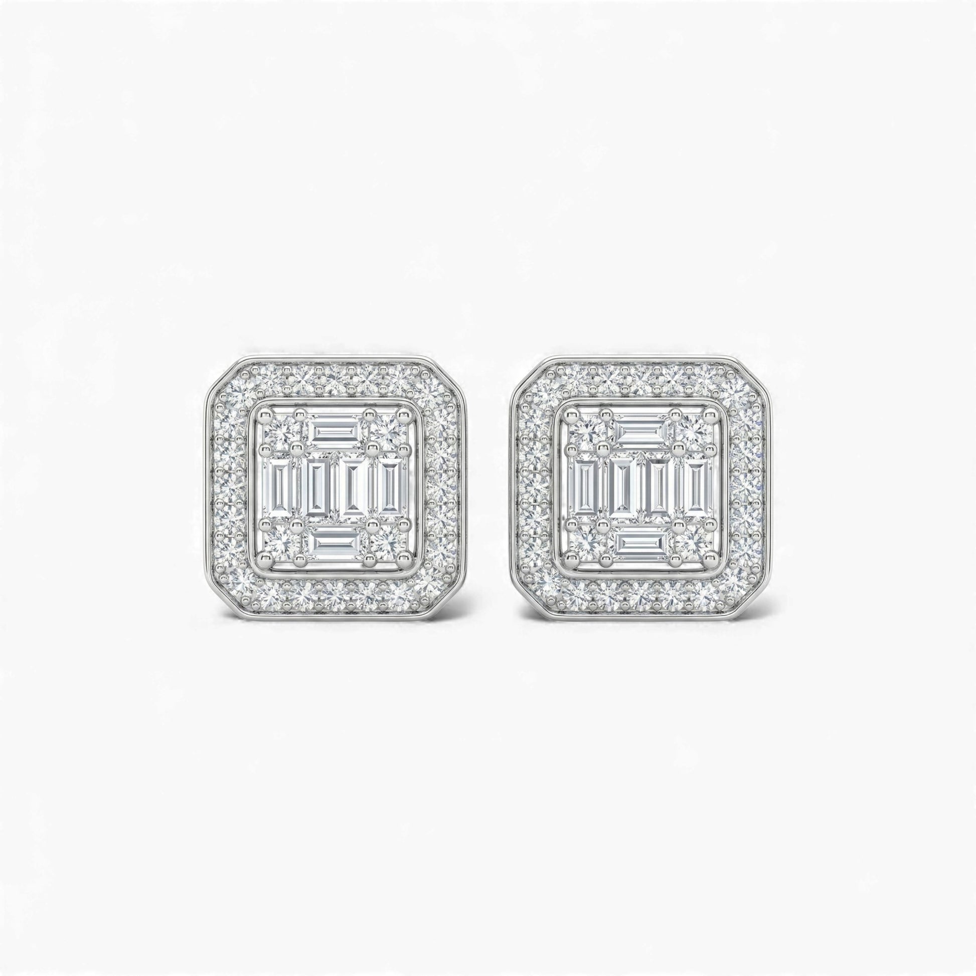 Pair of square-shaped diamond earrings on a light gray background