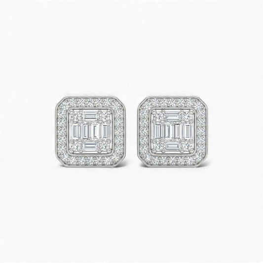 Pair of square-shaped diamond earrings on a light gray background