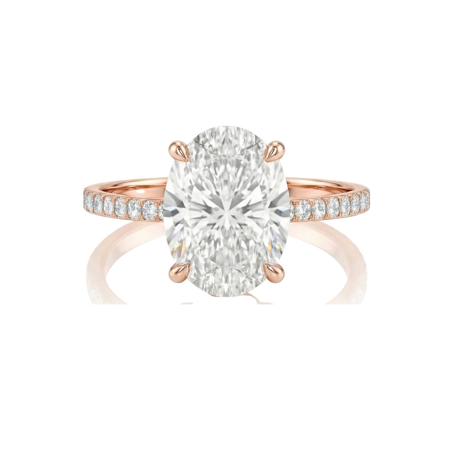 Rose gold ring with a large diamond and smaller diamonds on the band against a white background