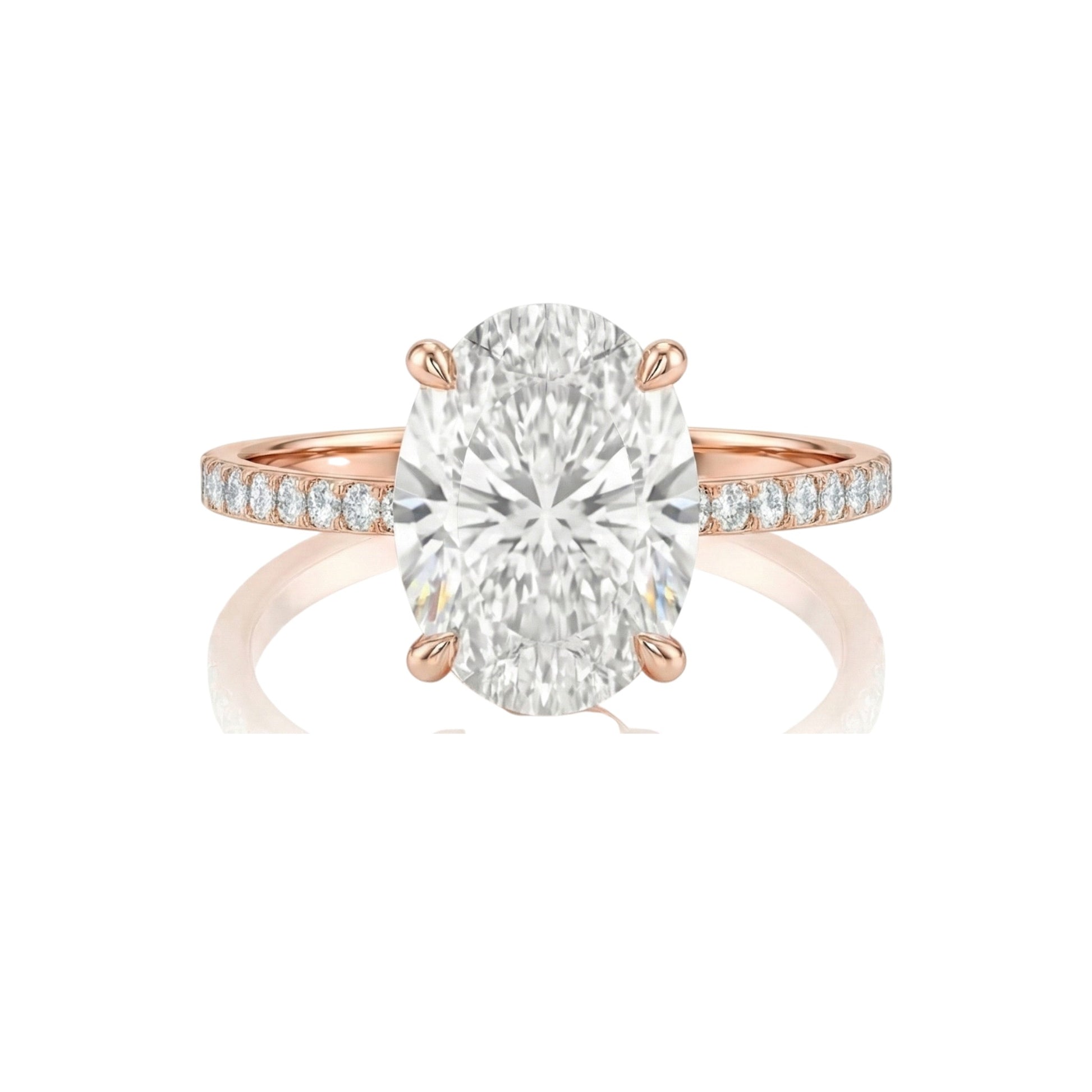Rose gold ring with a large diamond and smaller diamonds on the band against a white background