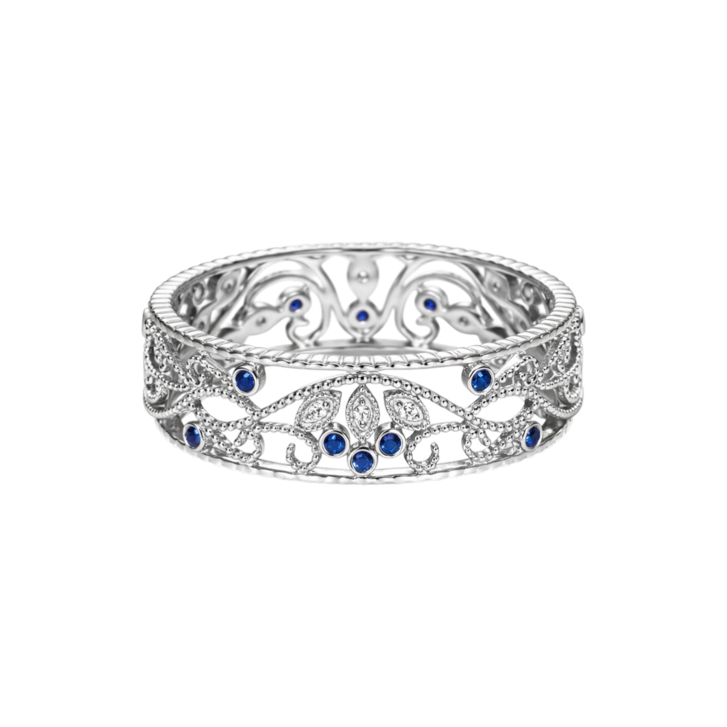 Silver ring with blue gemstones on a white background