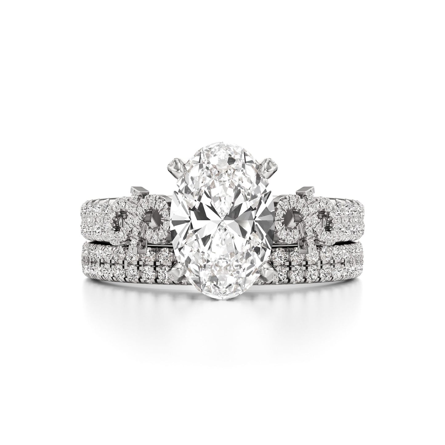 Diamond ring with a white gold band on a white background