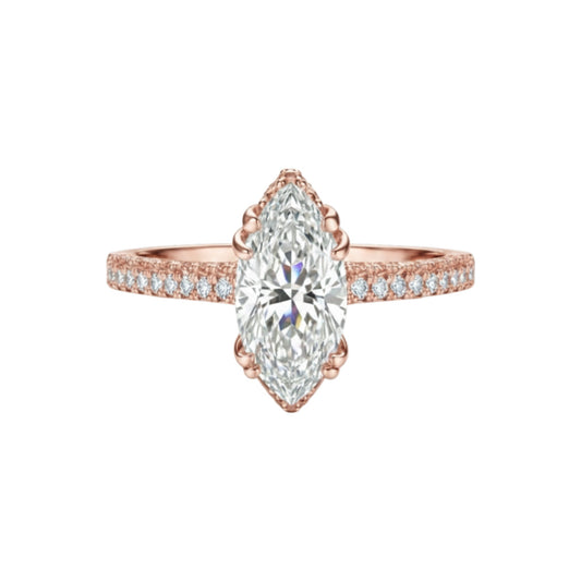 Rose gold ring with a large diamond and smaller diamonds on the band against a white background