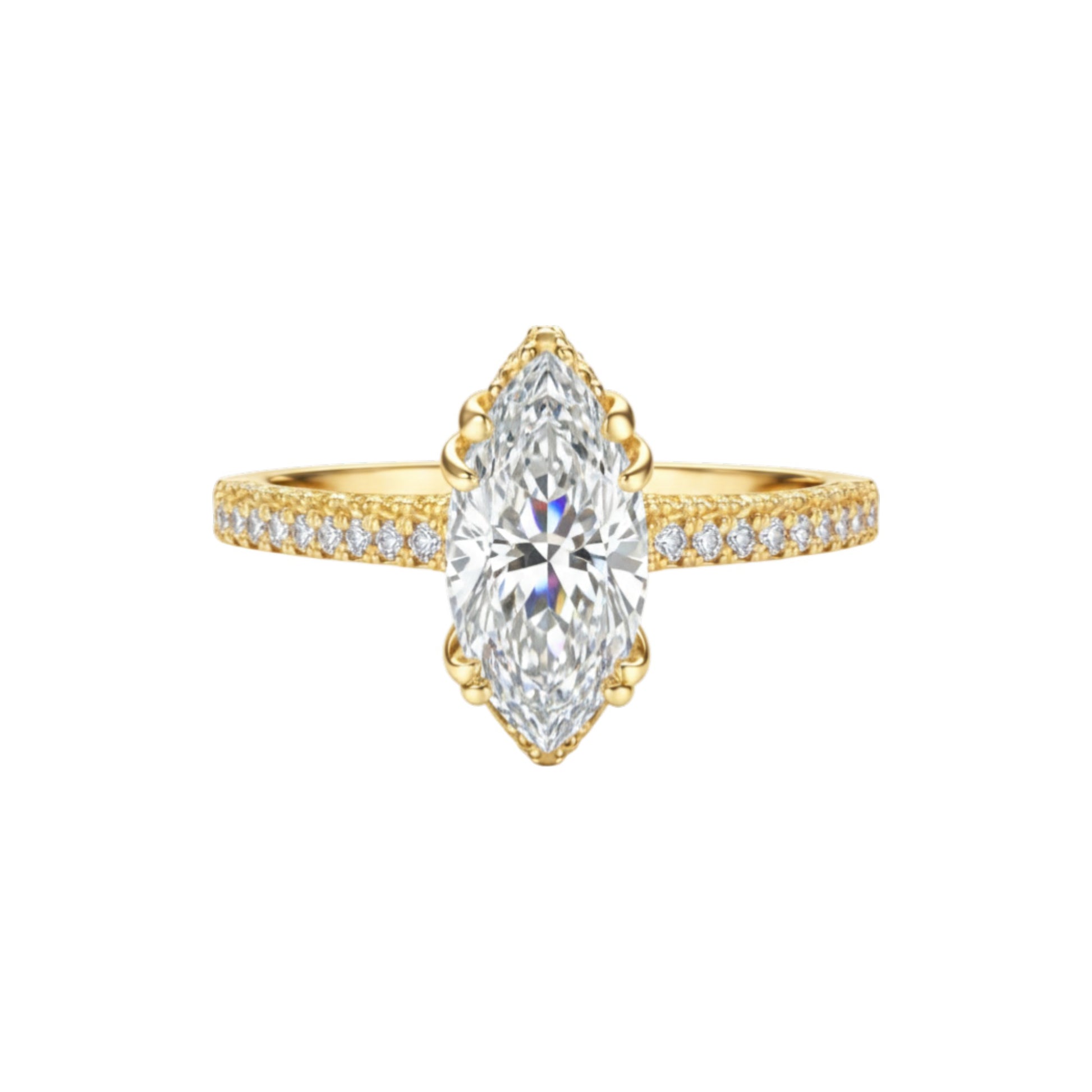 Gold ring with a large diamond and smaller diamonds on the band against a white background