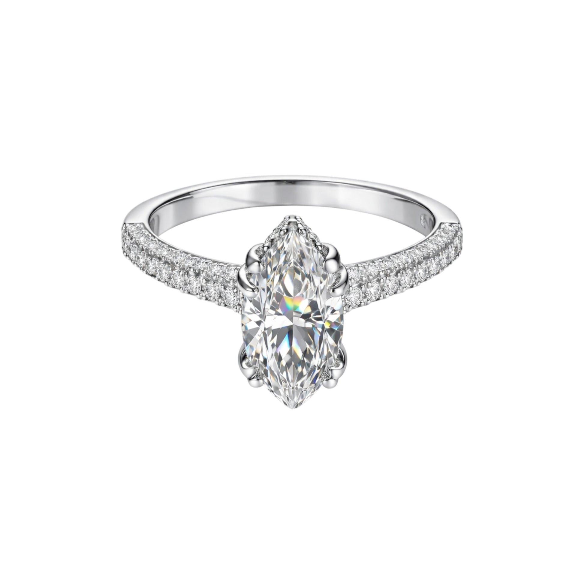 Diamond ring with a pear-shaped center stone on a white background