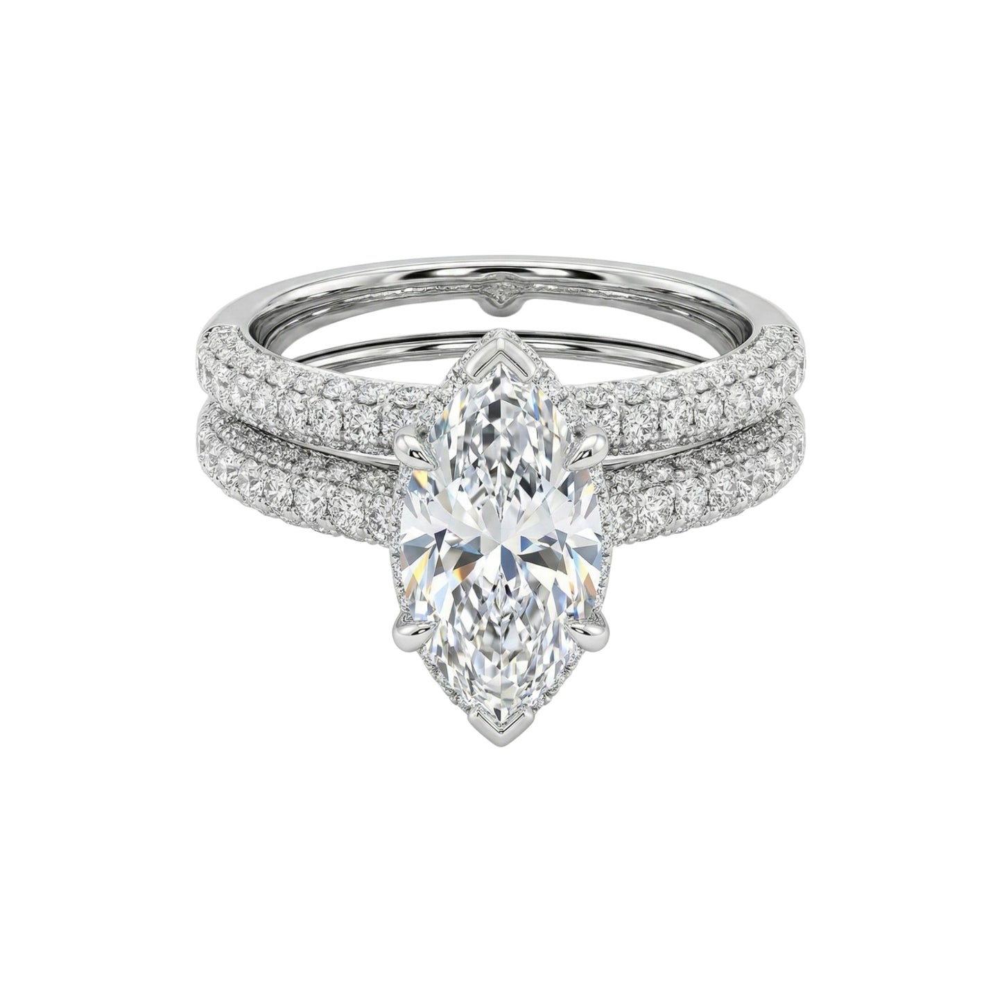 Diamond ring with a pear-shaped center stone on a white background