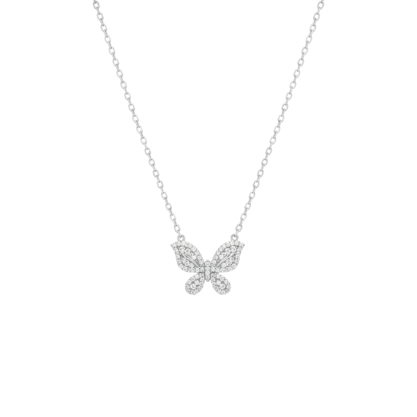 Butterfly-shaped pendant necklace on a white background